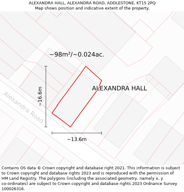 ALEXANDRA HALL, ALEXANDRA ROAD, ADDLESTONE, KT15 2PQ: Plot and title map