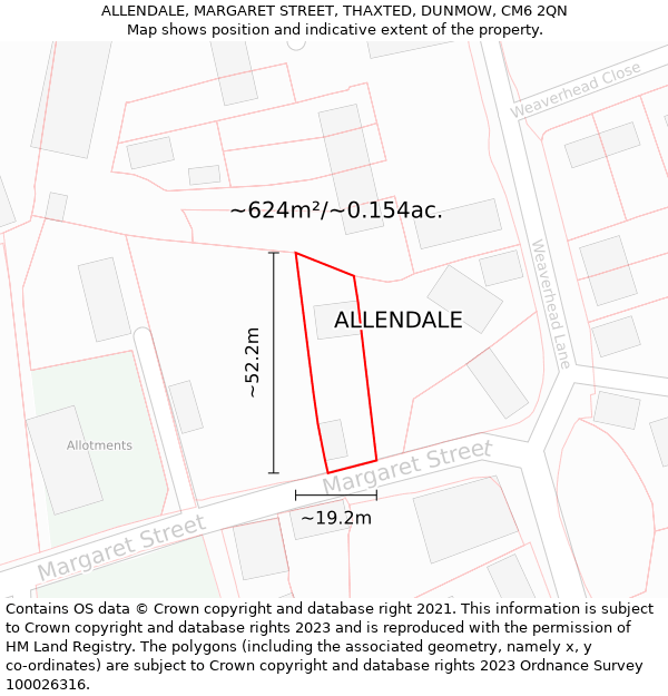 ALLENDALE, MARGARET STREET, THAXTED, DUNMOW, CM6 2QN: Plot and title map