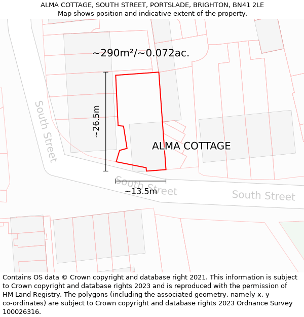 ALMA COTTAGE, SOUTH STREET, PORTSLADE, BRIGHTON, BN41 2LE: Plot and title map