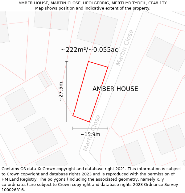 AMBER HOUSE, MARTIN CLOSE, HEOLGERRIG, MERTHYR TYDFIL, CF48 1TY: Plot and title map