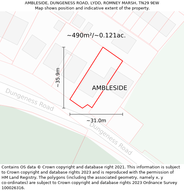 AMBLESIDE, DUNGENESS ROAD, LYDD, ROMNEY MARSH, TN29 9EW: Plot and title map