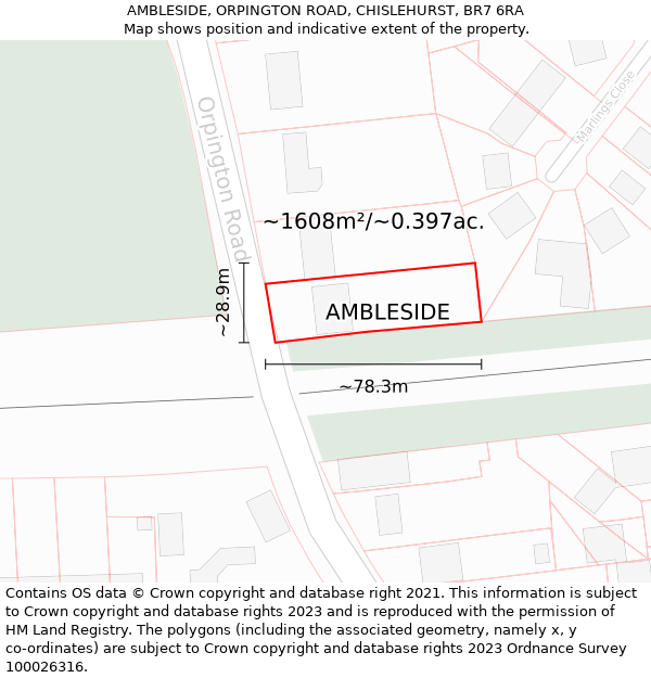 AMBLESIDE, ORPINGTON ROAD, CHISLEHURST, BR7 6RA: Plot and title map