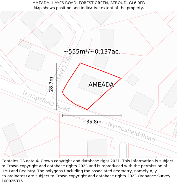 AMEADA, HAYES ROAD, FOREST GREEN, STROUD, GL6 0EB: Plot and title map