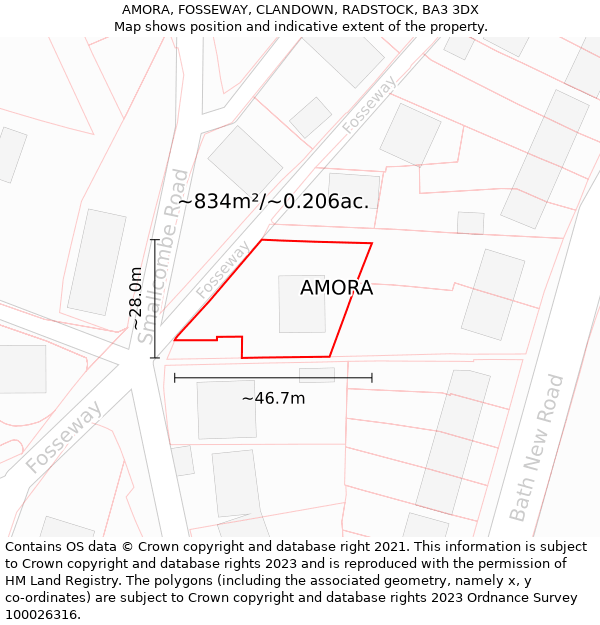 AMORA, FOSSEWAY, CLANDOWN, RADSTOCK, BA3 3DX: Plot and title map