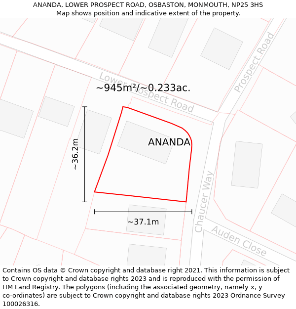ANANDA, LOWER PROSPECT ROAD, OSBASTON, MONMOUTH, NP25 3HS: Plot and title map