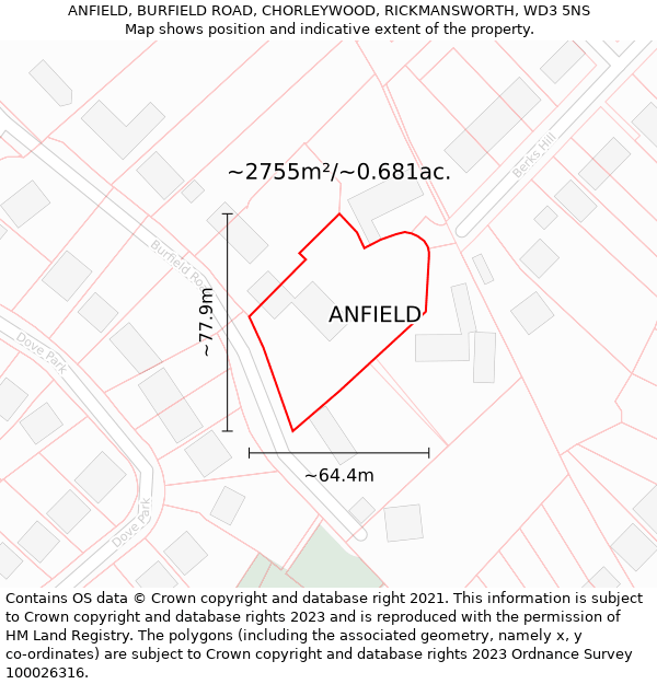 ANFIELD, BURFIELD ROAD, CHORLEYWOOD, RICKMANSWORTH, WD3 5NS: Plot and title map