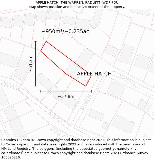 APPLE HATCH, THE WARREN, RADLETT, WD7 7DU: Plot and title map