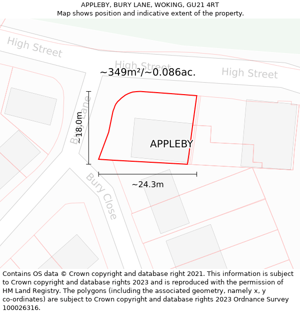 APPLEBY, BURY LANE, WOKING, GU21 4RT: Plot and title map