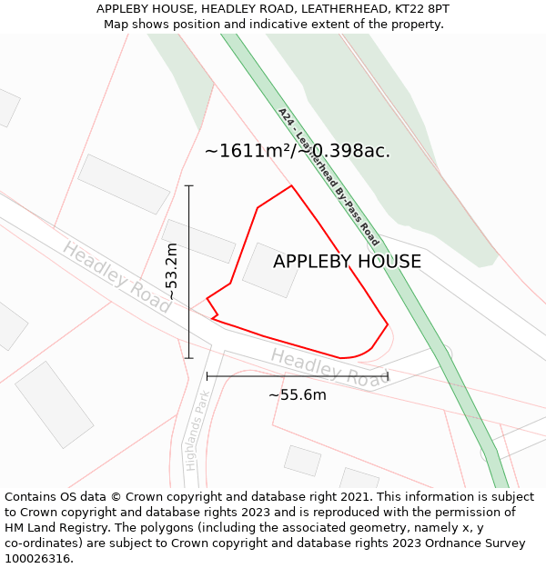 APPLEBY HOUSE, HEADLEY ROAD, LEATHERHEAD, KT22 8PT: Plot and title map