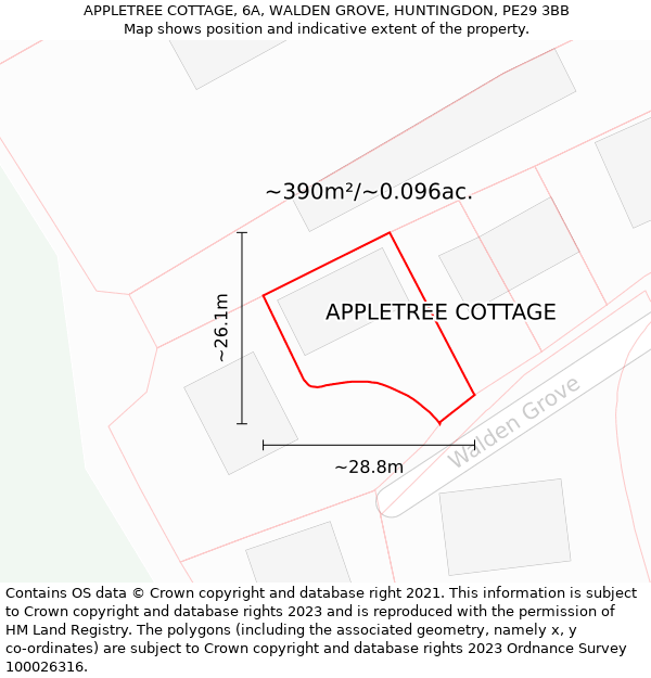 APPLETREE COTTAGE, 6A, WALDEN GROVE, HUNTINGDON, PE29 3BB: Plot and title map