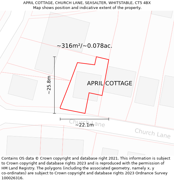 APRIL COTTAGE, CHURCH LANE, SEASALTER, WHITSTABLE, CT5 4BX: Plot and title map