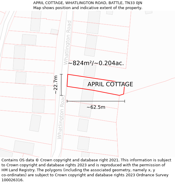 APRIL COTTAGE, WHATLINGTON ROAD, BATTLE, TN33 0JN: Plot and title map