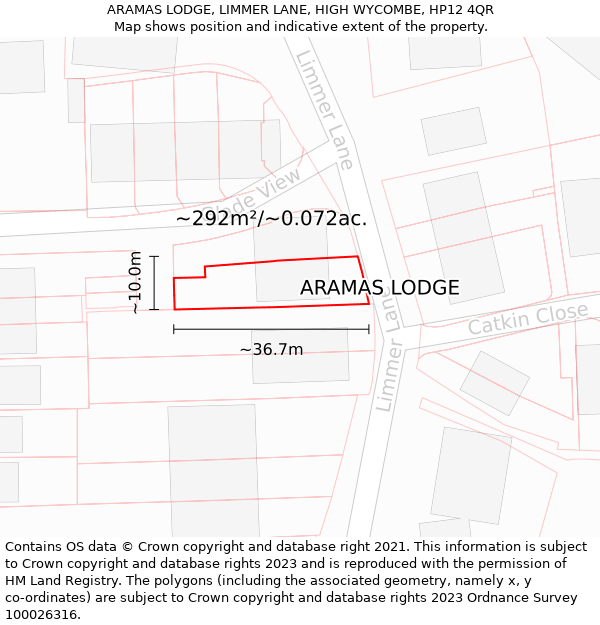 ARAMAS LODGE, LIMMER LANE, HIGH WYCOMBE, HP12 4QR: Plot and title map