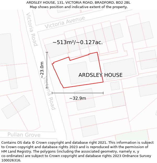 ARDSLEY HOUSE, 131, VICTORIA ROAD, BRADFORD, BD2 2BL: Plot and title map