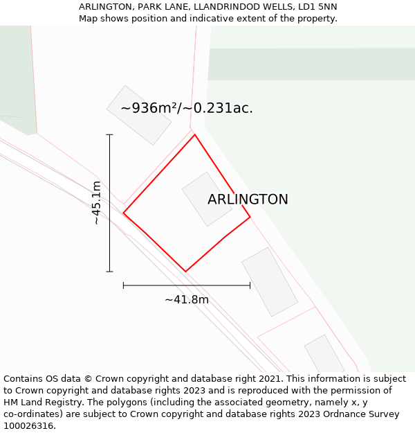 ARLINGTON, PARK LANE, LLANDRINDOD WELLS, LD1 5NN: Plot and title map