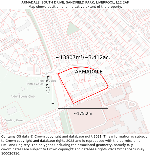 ARMADALE, SOUTH DRIVE, SANDFIELD PARK, LIVERPOOL, L12 2AF: Plot and title map