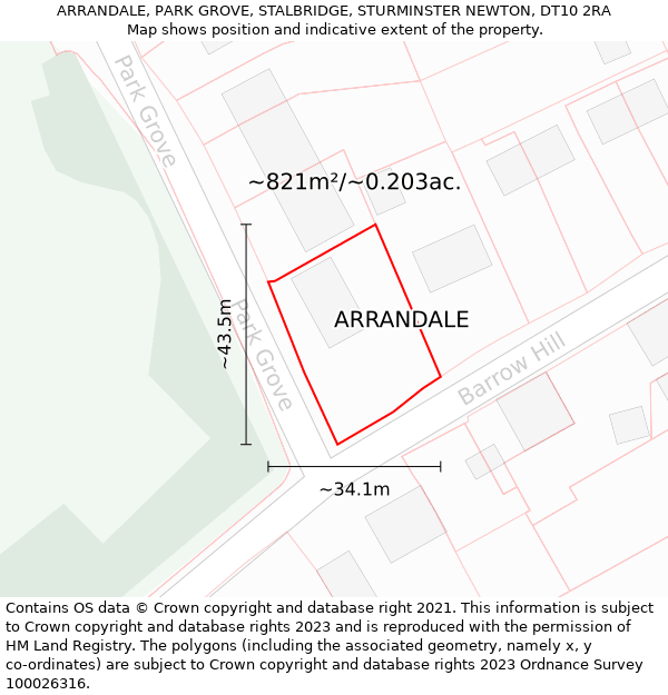 ARRANDALE, PARK GROVE, STALBRIDGE, STURMINSTER NEWTON, DT10 2RA: Plot and title map