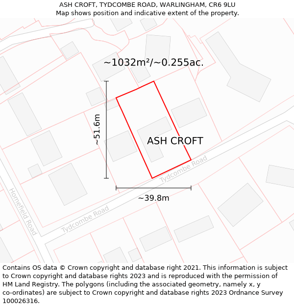 ASH CROFT, TYDCOMBE ROAD, WARLINGHAM, CR6 9LU: Plot and title map