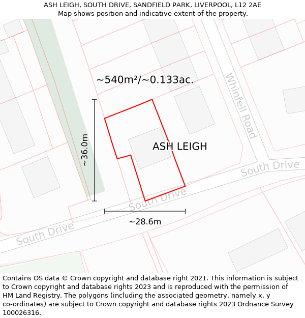 ASH LEIGH, SOUTH DRIVE, SANDFIELD PARK, LIVERPOOL, L12 2AE: Plot and title map