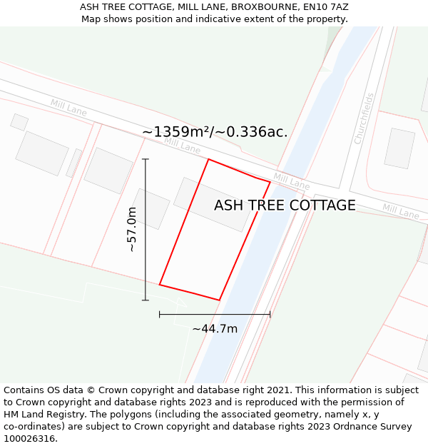 ASH TREE COTTAGE, MILL LANE, BROXBOURNE, EN10 7AZ: Plot and title map