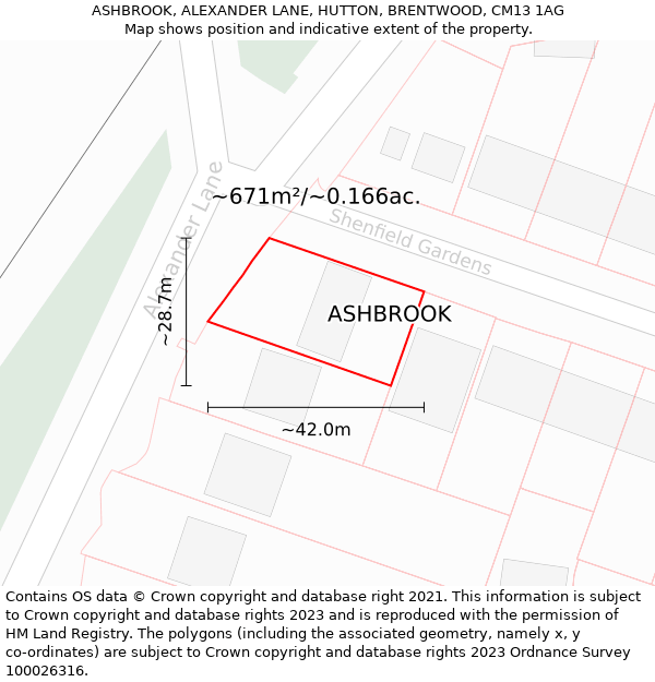 ASHBROOK, ALEXANDER LANE, HUTTON, BRENTWOOD, CM13 1AG: Plot and title map