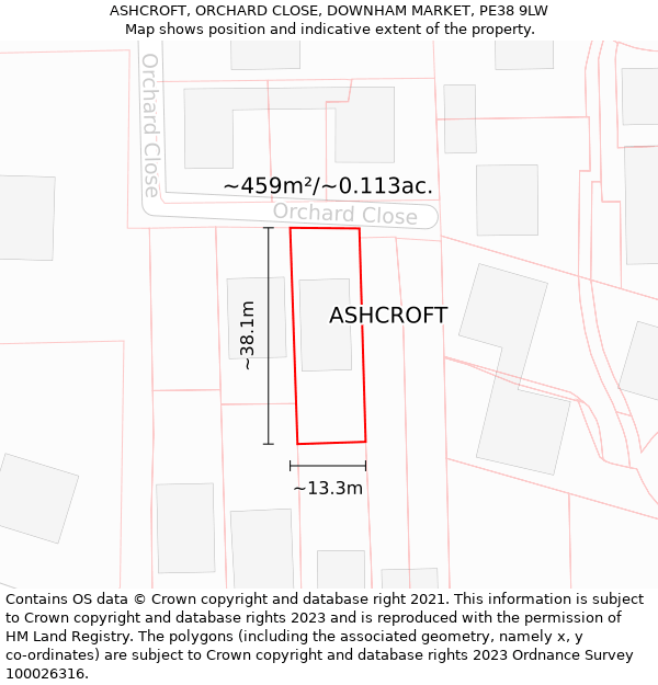 ASHCROFT, ORCHARD CLOSE, DOWNHAM MARKET, PE38 9LW: Plot and title map