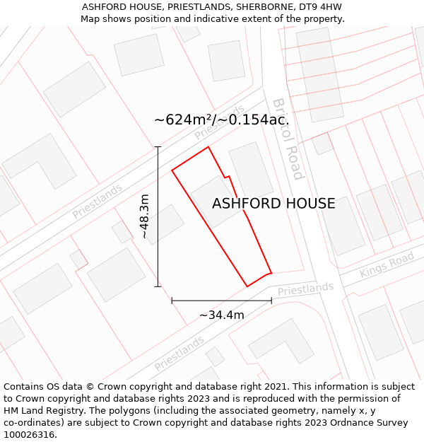 ASHFORD HOUSE, PRIESTLANDS, SHERBORNE, DT9 4HW: Plot and title map
