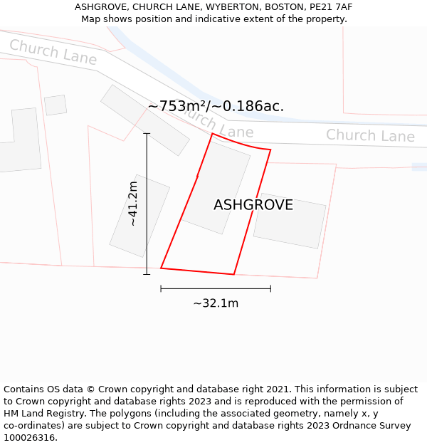 ASHGROVE, CHURCH LANE, WYBERTON, BOSTON, PE21 7AF: Plot and title map