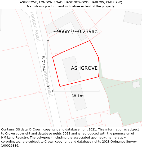 ASHGROVE, LONDON ROAD, HASTINGWOOD, HARLOW, CM17 9NQ: Plot and title map