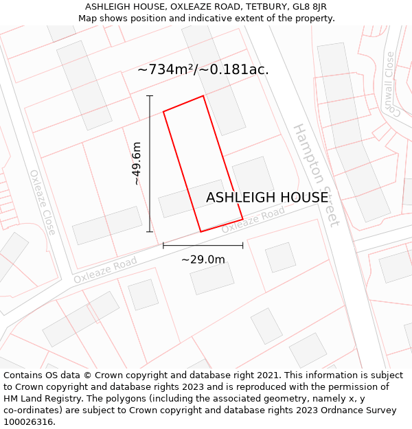 ASHLEIGH HOUSE, OXLEAZE ROAD, TETBURY, GL8 8JR: Plot and title map