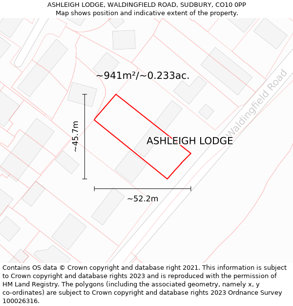 ASHLEIGH LODGE, WALDINGFIELD ROAD, SUDBURY, CO10 0PP: Plot and title map