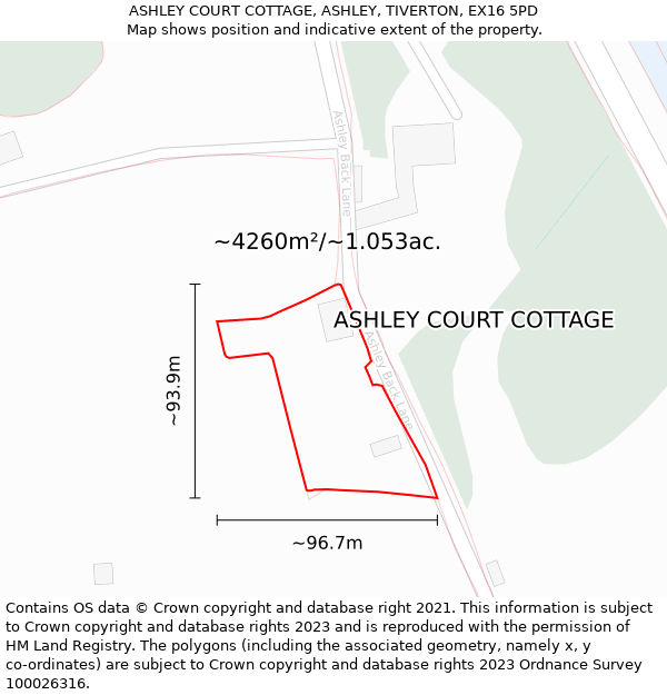 ASHLEY COURT COTTAGE, ASHLEY, TIVERTON, EX16 5PD: Plot and title map