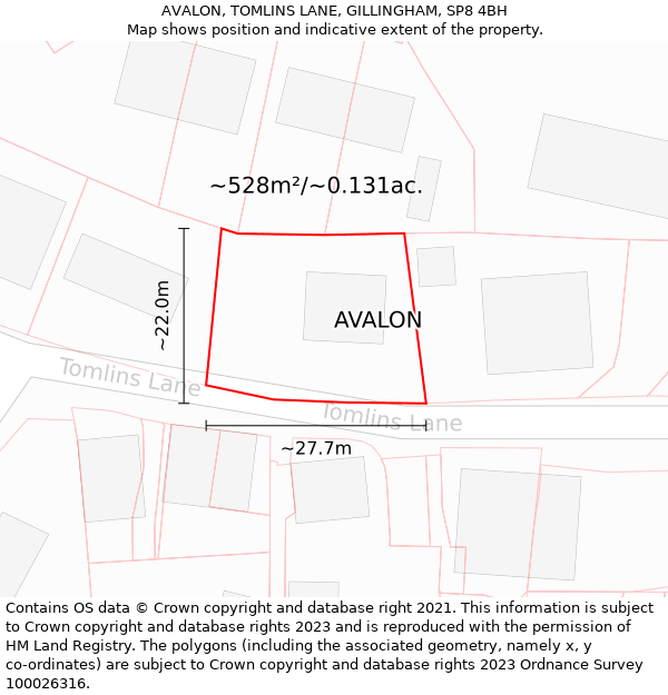 AVALON, TOMLINS LANE, GILLINGHAM, SP8 4BH: Plot and title map