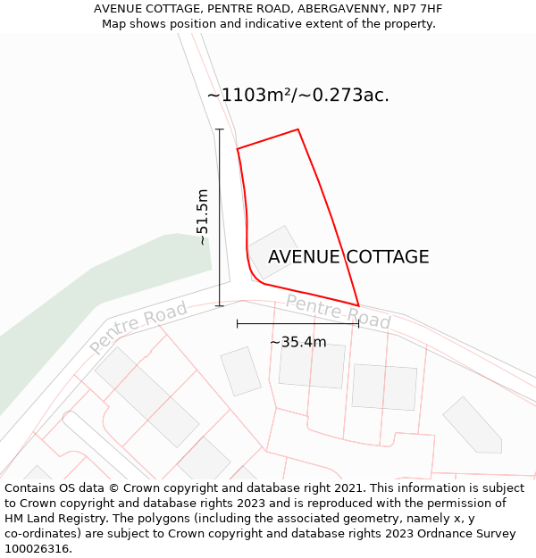 AVENUE COTTAGE, PENTRE ROAD, ABERGAVENNY, NP7 7HF: Plot and title map