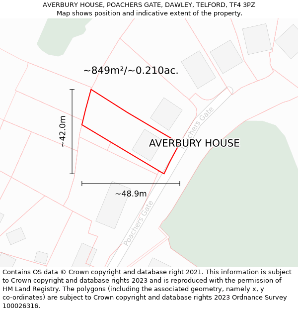 AVERBURY HOUSE, POACHERS GATE, DAWLEY, TELFORD, TF4 3PZ: Plot and title map