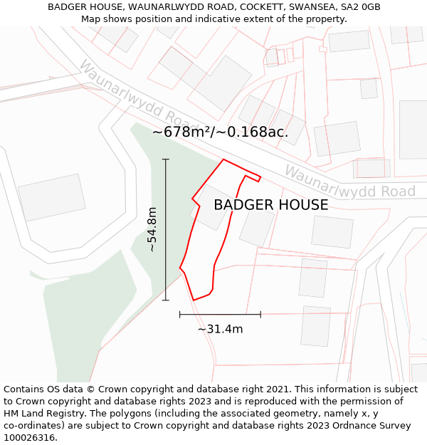 BADGER HOUSE, WAUNARLWYDD ROAD, COCKETT, SWANSEA, SA2 0GB: Plot and title map