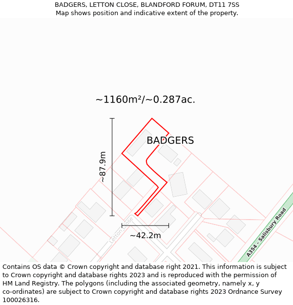 BADGERS, LETTON CLOSE, BLANDFORD FORUM, DT11 7SS: Plot and title map