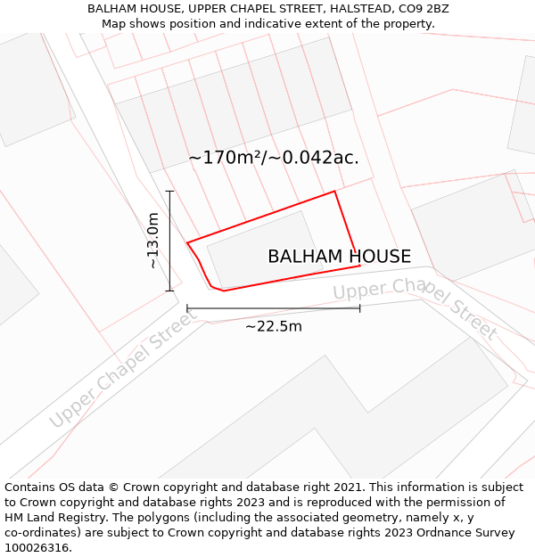 BALHAM HOUSE, UPPER CHAPEL STREET, HALSTEAD, CO9 2BZ: Plot and title map