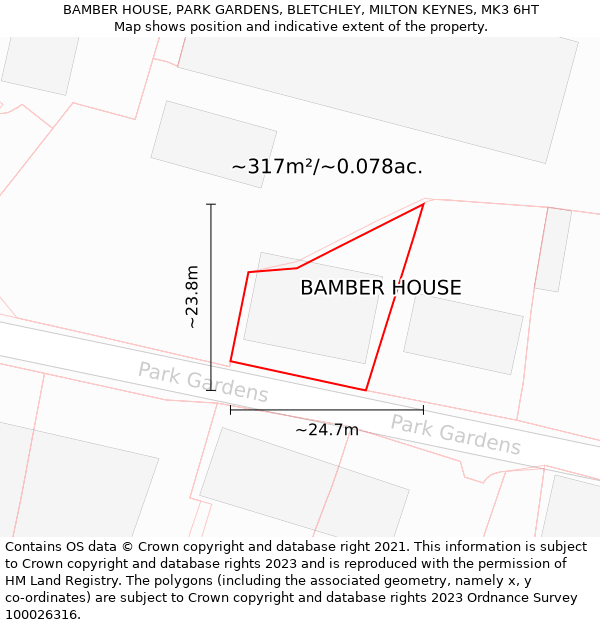 BAMBER HOUSE, PARK GARDENS, BLETCHLEY, MILTON KEYNES, MK3 6HT: Plot and title map