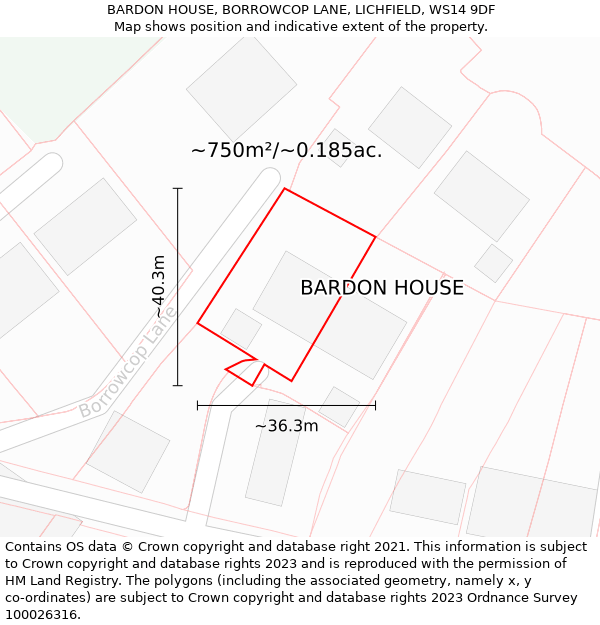 BARDON HOUSE, BORROWCOP LANE, LICHFIELD, WS14 9DF: Plot and title map