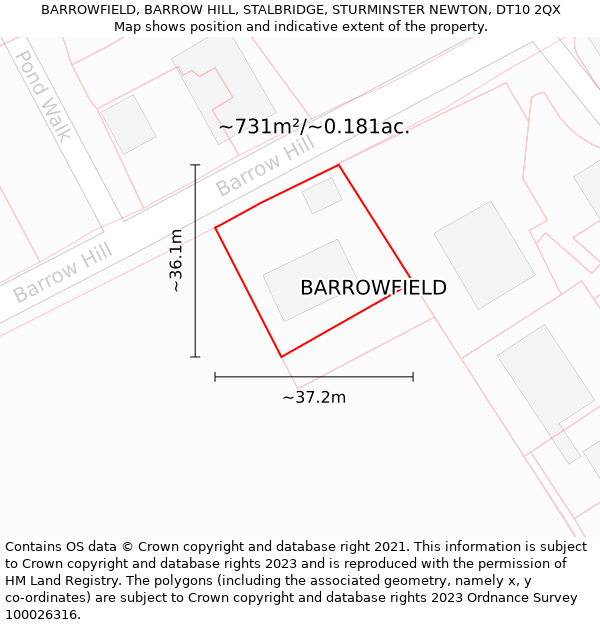 BARROWFIELD, BARROW HILL, STALBRIDGE, STURMINSTER NEWTON, DT10 2QX: Plot and title map