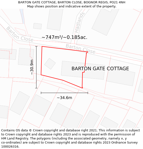 BARTON GATE COTTAGE, BARTON CLOSE, BOGNOR REGIS, PO21 4NH: Plot and title map