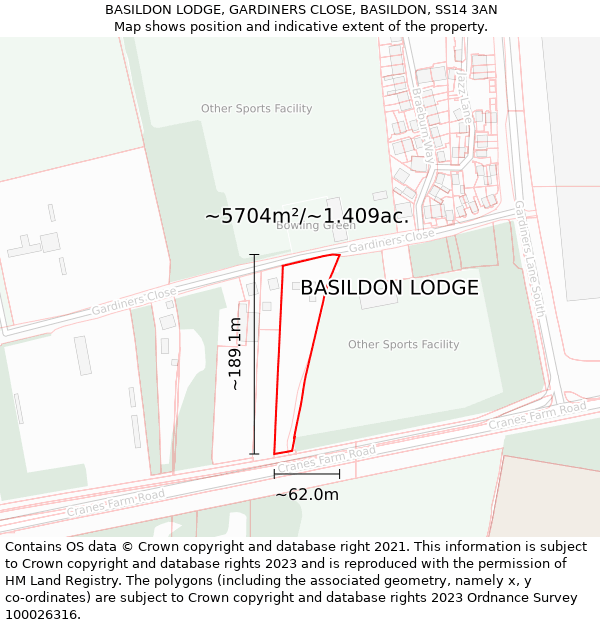 BASILDON LODGE, GARDINERS CLOSE, BASILDON, SS14 3AN: Plot and title map