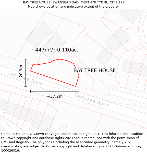 BAY TREE HOUSE, SWANSEA ROAD, MERTHYR TYDFIL, CF48 1PB: Plot and title map