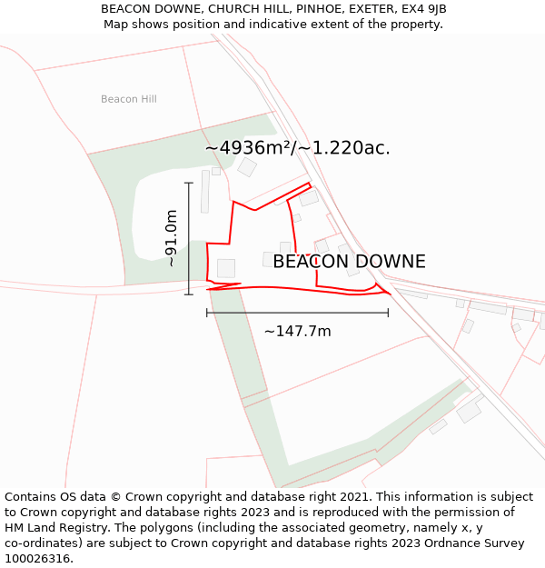BEACON DOWNE, CHURCH HILL, PINHOE, EXETER, EX4 9JB: Plot and title map