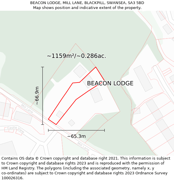 BEACON LODGE, MILL LANE, BLACKPILL, SWANSEA, SA3 5BD: Plot and title map