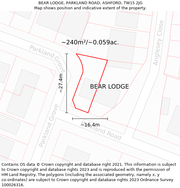 BEAR LODGE, PARKLAND ROAD, ASHFORD, TW15 2JG: Plot and title map