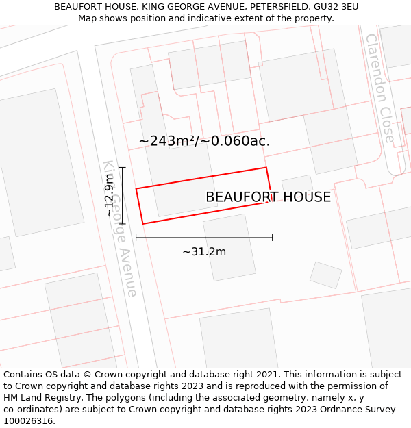 BEAUFORT HOUSE, KING GEORGE AVENUE, PETERSFIELD, GU32 3EU: Plot and title map