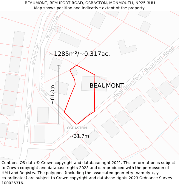 BEAUMONT, BEAUFORT ROAD, OSBASTON, MONMOUTH, NP25 3HU: Plot and title map