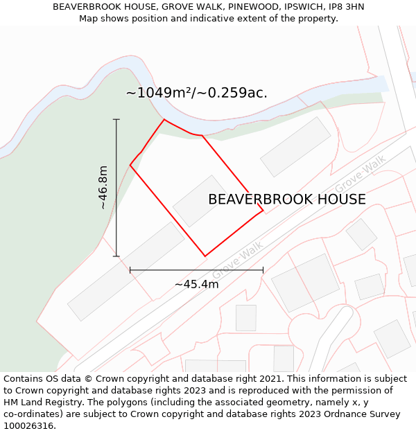 BEAVERBROOK HOUSE, GROVE WALK, PINEWOOD, IPSWICH, IP8 3HN: Plot and title map